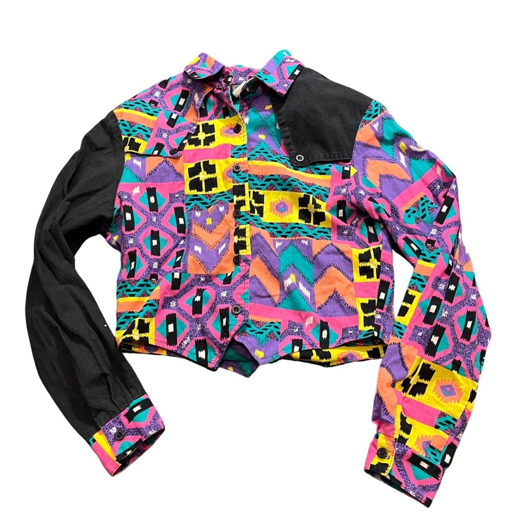 Vintage‎ 90s Roughrider Shirt Geometric Western Crop Top Bold Multicolor Size xs